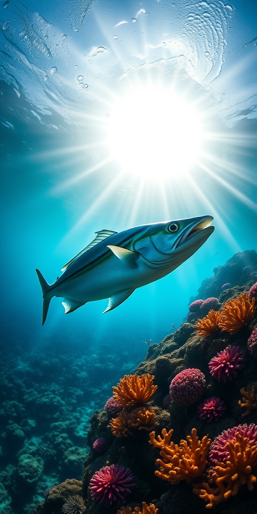 high-resolution underwater photograph of a barracuda swimming through a vibrant coral reef, sunlight filtering through the water creating dramatic rays, f/8 aperture, ISO 200, 1/100s shutter speed, wide-angle lens, DSLR camera