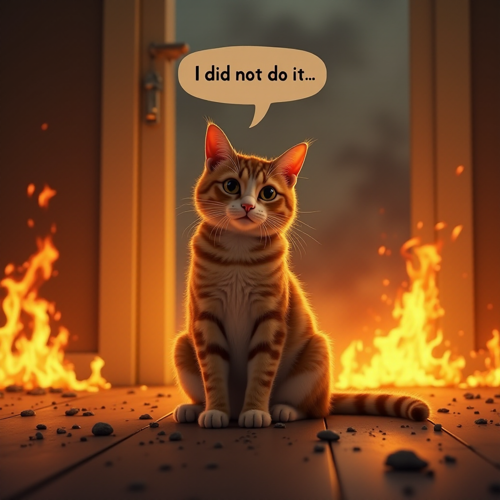 Photorealistic image of an innocent-looking cat sitting calmly in the middle of a burning room. Flames engulf the room, with fire licking up the walls and smoke filling the air. The cat is sitting on the floor, looking directly at the viewer with wide, innocent eyes. Above the cat, a speech bubble says "I did not do it" The contrast between the cat's calm demeanor and the chaos around it creates a humorous and surreal scene.
