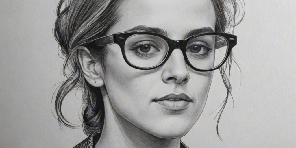 Exquisite Samantha Ronson, pencil sketch, portrait of Captivating woman 1946s in glasses, hair style beatnik, outline, clear lines, fine lines, 8k
