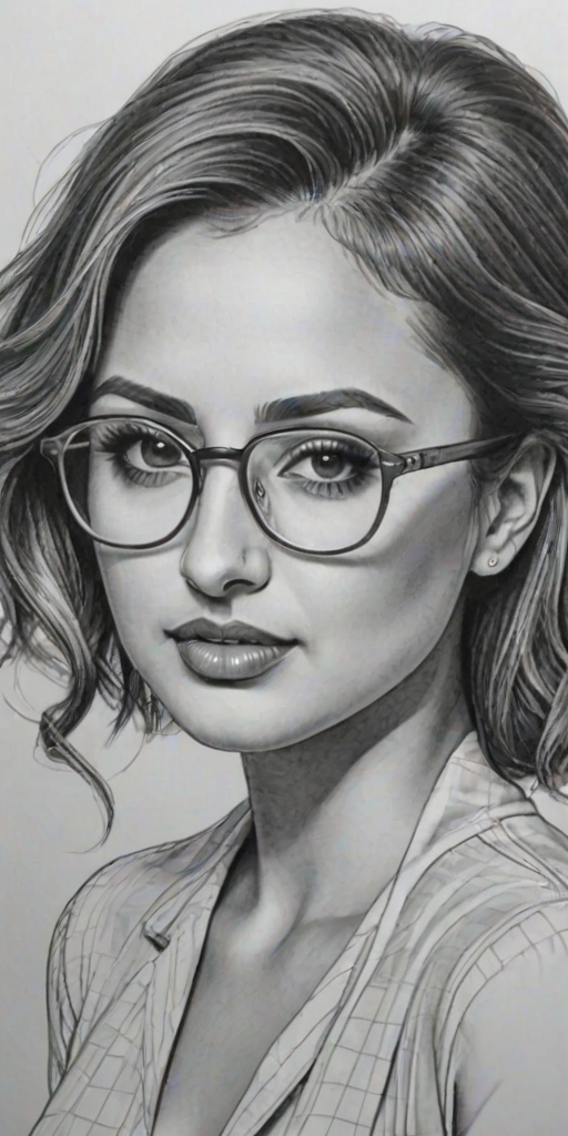 Beauteous Francia Raisa, pencil sketch, portrait of Stunning woman 1939s in glasses, hair style beatnik, outline, clear lines, fine lines, 8k