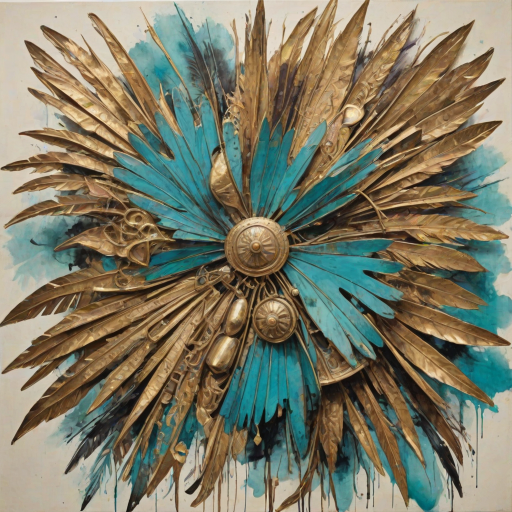 Abstract style art of (Fixated Painting:1.3) of (Sketched:1.3),(Energetic:1.3) Turquoise,    polygon,  elements,  Ivory,    Amber, Gold,  Bronze,   Amethyst,    Animal,  Ring,       embroidery, Tattooed Skin: Body art created with ink injected into the skin.,Bronze Bells: Bells cast from bronze, used in religious ceremonies and for signaling.,Girdle: A belt or sash worn around the waist, often decorative.,Palm Fronds: Large, fan-like leaves from palm trees. <lora:c0ntr4stbwXLP:1> c0ntr4stbw,(by Artist P.A. Works:1.3),(Modern European Ink Painting:1.3),(Low Contrast:1.3), Non-representational, colors and shapes, expression of feelings, imaginative, highly detailed