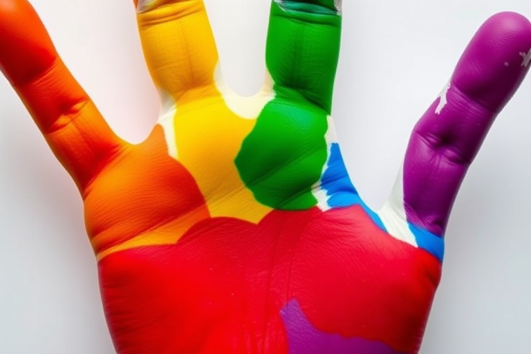 Create a vibrant, high-resolution image of a colorful handprint with bright reds, oranges, yellows, greens, blues, and purples, using a macro lens, ISO 100, f/2.8 aperture, 1/200s shutter speed, shot from a top-down view against a soft white background.