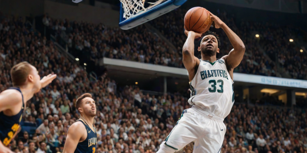 Blurry action shot of a basketball player mid-air, going for a slam dunk, soft focus on the cheering crowd in the background, with the excitement of the game filling the air.