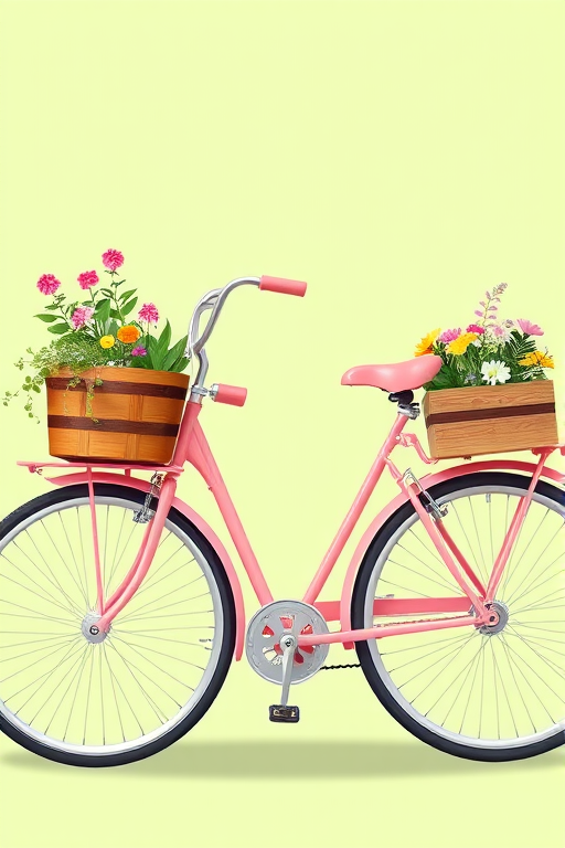 Create a vibrant illustration of a pink bicycle with wooden baskets filled with plants and flowers on either side, set against a soft green background, using a digital art style with sharp details and bright colors, captured as if taken with a Canon EOS R5 at f/4, 1/100s, ISO 100, with a shallow depth of field to enhance the visual appeal.
