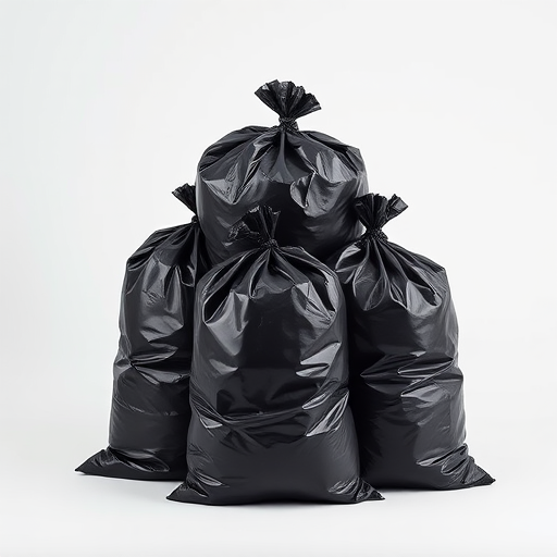 Create a high-resolution illustration of five black garbage bags stacked together against a plain background with a DSLR camera, aperture at f/4, 50mm lens, ISO 100, and soft lighting to enhance details and contrast.