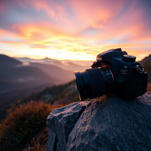 Create a high-resolution image of a serene mountain landscape at sunrise, using a DSLR camera with a 24mm lens, f/8 aperture, ISO 200, capturing a wide-angle view with a soft focus on the foreground and vibrant colors in the sky.