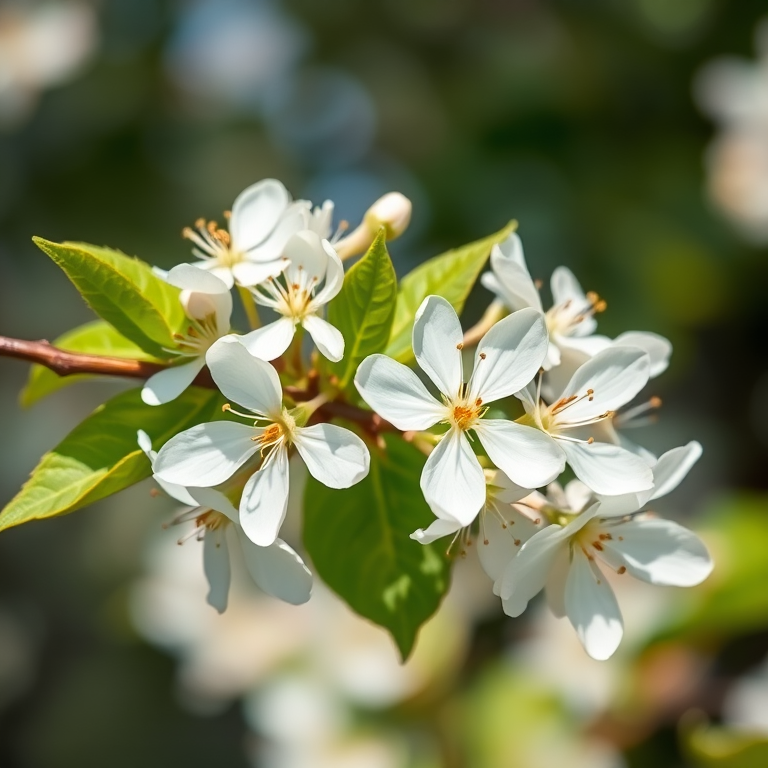 capture a close-up of white flowers on a branch with green leaves, shallow depth of field, f/2.8 aperture, 50mm lens, natural lighting, DSLR camera, soft bokeh background, vibrant colors