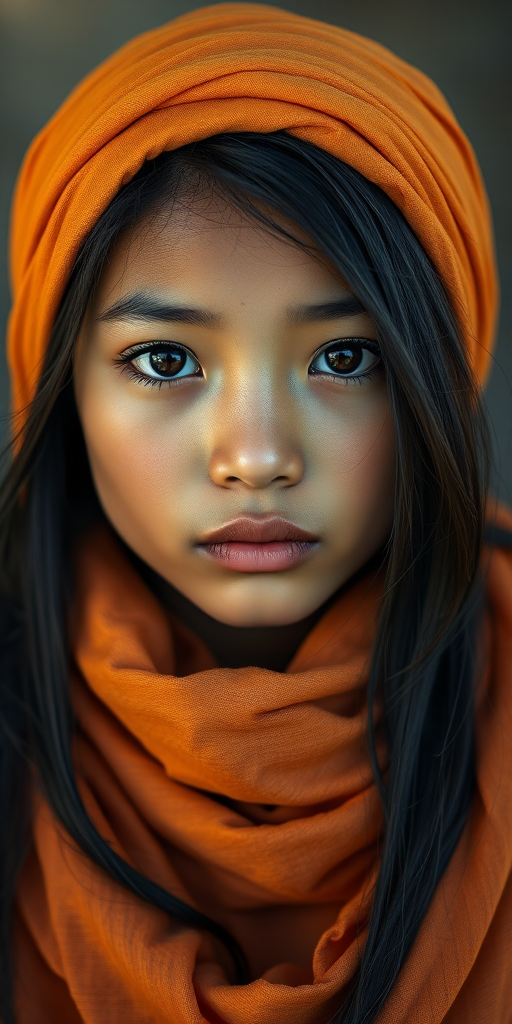 Create a portrait of a young Pacific Islander female with long, dark hair and captivating hazel eyes. She is wearing a orange headscarf and a matching scarf draped gracefully around her neck. The background is softly blurred, focusing attention on her serene and natural expression. The overall color palette is muted and warm, enhancing the intimate and authentic feel of the portrait.