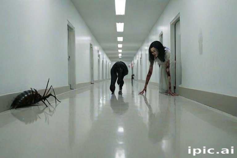 a crooked woman with long arms and a creepy smile is crawling along a long white corridor and you can also see cockroaches in it there is a creepy atmosphere creepy art style