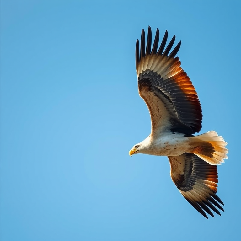 capture a high-resolution image of a soaring eagle with its wings fully spread in a clear blue sky, using a DSLR camera with a 300mm lens, aperture f/5.6, shutter speed 1/1000s, ISO 400, 45-degree angle view for dynamic composition, and vibrant color settings to enhance detail and contrast
