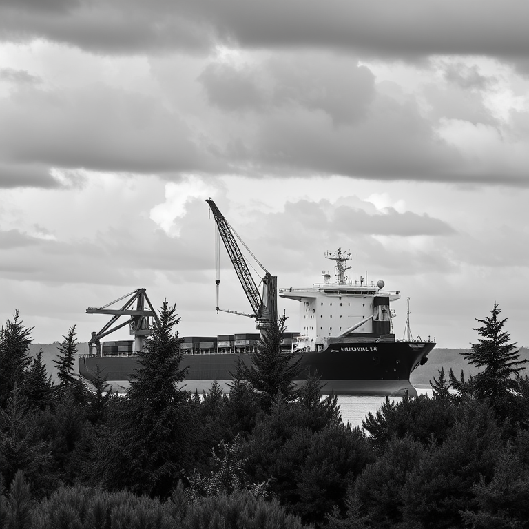 Capture a monochrome landscape of a cargo ship with a large crane beside it, set against a cloudy sky and evergreen trees in the foreground, use a Canon EOS R5, aperture f/8, shutter speed 1/125s, ISO 200, wide-angle lens 24mm, natural light.