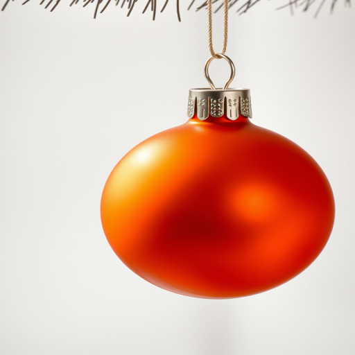 Create a high-resolution image of a smooth, shiny orange ornament with a metallic silver hanger against a soft-focus background, captured with a DSLR camera at f/2.8, 50mm lens, ISO 100, natural light.