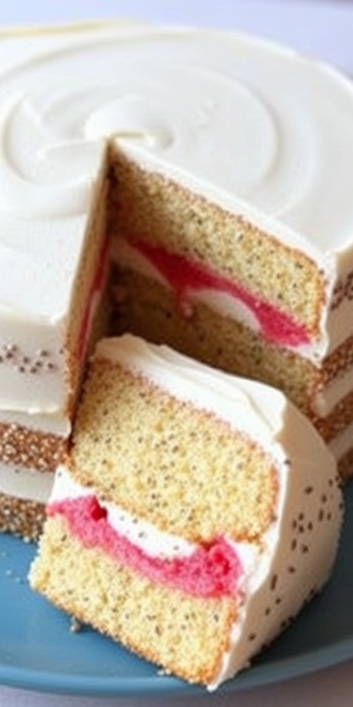 A beautifully layered cake with poppy seeds and a pink fruit filling between the layers, topped with a smooth white frosting, showing a slice with a clean cut revealing the texture and colors inside, placed on a blue plate.