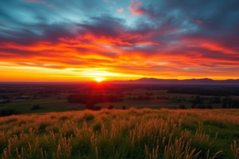 High-resolution image of a serene landscape during sunset with vibrant colors, using a DSLR camera with a 50mm lens, aperture f/1.8, ISO 100, shutter speed 1/200s, wide view, landscape orientation, soft focus background.