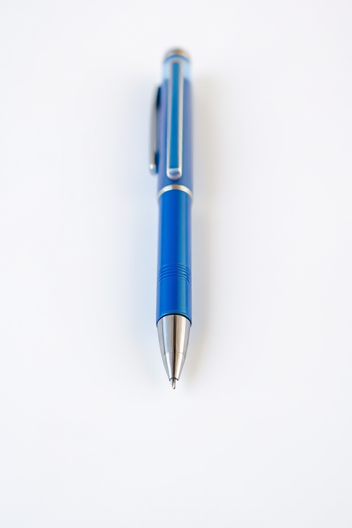 Regenerate a high-resolution image of a blue pen with a glossy finish, centered on a plain white background, shot from a 45-degree angle, using a DSLR camera with a 50mm lens, aperture set to f/2.8, ISO 100, and a shutter speed of 1/125 sec to enhance clarity and detail.