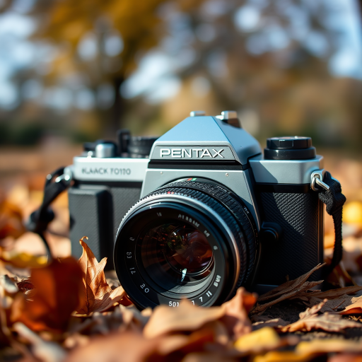 Pentax K1000 camera on the ground with autumn leaves in the background, 50mm f/1.8 lens, aperture priority mode, ISO 200, shallow depth of field, soft focus, natural light, taken from a low angle for dramatic effect.