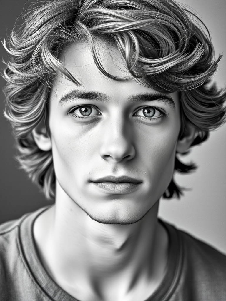 Create a high-resolution portrait of a young man with wavy hair, using soft lighting and a shallow depth of field, shot with a Canon 5D Mark IV at f/2.8, ISO 100, and a focal length of 85mm, in a classic black and white sketch style.