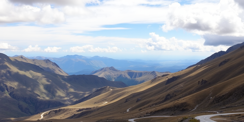 Landscape photograph of a mountainous area with a winding road and distant peaks under a partially cloudy sky, captured with a DSLR camera, 24mm lens at f/8, ISO 200, in natural light for enhanced clarity and depth.
