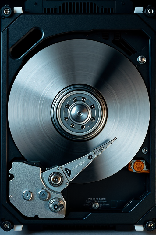 Create a high-resolution image of a computer hard drive from a top-down view, using a DSLR camera with a 50mm lens, aperture set to f/2.8, ISO 100, and a shallow depth of field to emphasize details and enhance clarity.