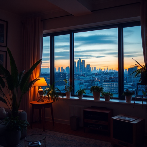 A cozy living room with plants, a vintage stereo, and a large window displaying a city skyline at twilight, with warm lighting and soft textures, shot with a Canon EOS R5 at f/1.8, ISO 200, 24mm focal length, using a low-angle view with a warm color palette for enhanced mood.