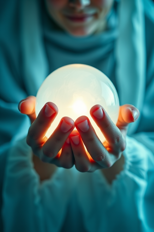 Create an ethereal scene of a fortune teller holding a glowing crystal ball, with soft, diffused lighting, using a Canon EOS R5 with a 50mm f/1.2 lens at ISO 200, f/2.8, shutter speed 1/125s, in a shallow depth of field to emphasize details in the hands and crystal ball while softly blurring the background.