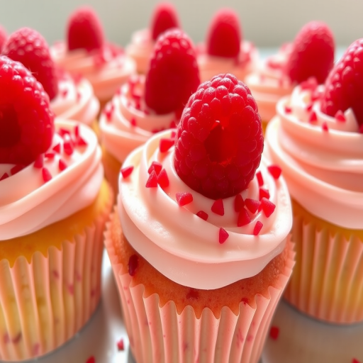 Deliciously decorated raspberry cupcakes with creamy frosting topped with fresh raspberries and a sprinkle of red candy pieces in a bright and inviting setting.