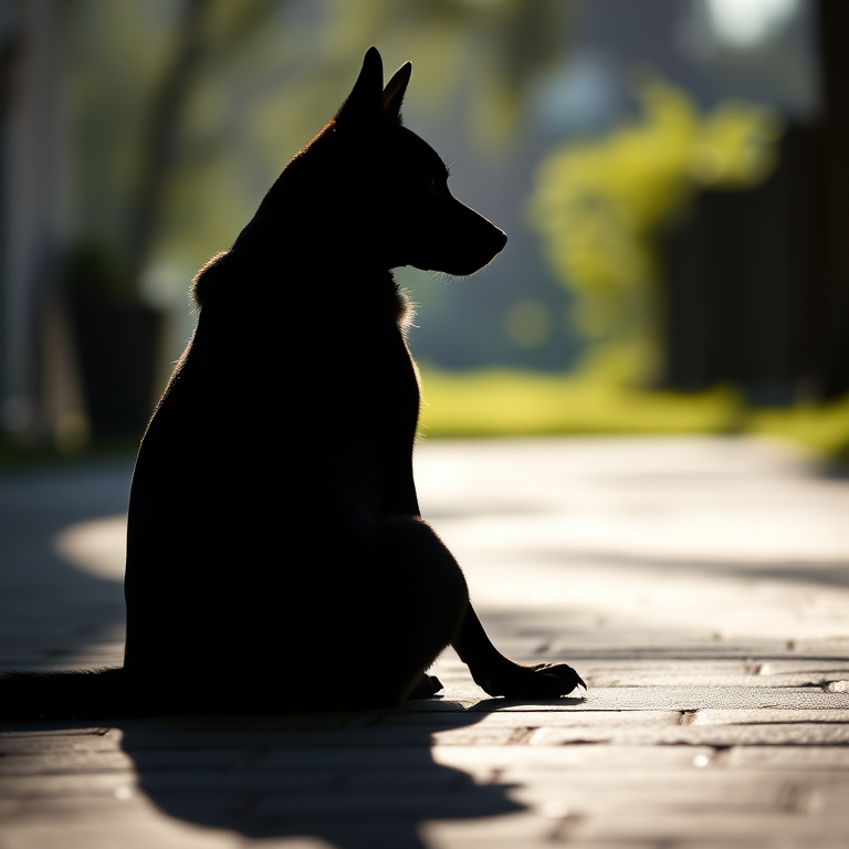 Generate a high-resolution image of a black silhouette of a dog sitting, captured from a low angle with a 50mm lens at f/1.8, ISO 100, in natural light to enhance contrast and detail.