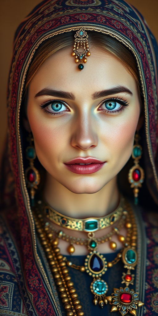 Create a portrait of a beautiful Circassian woman with striking cyan eyes and a gentle expression. She is adorned in traditional attire with intricate patterns, including a richly embroidered headscarf and matching garments. Her jewelry includes a delicate headpiece, dangling earrings, and ornate bracelets, all featuring vibrant gemstones and detailed metalwork. The background is soft and warm, enhancing the rich colors of her outfit and jewelry.