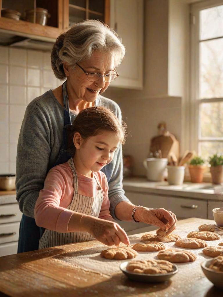 High-resolution, warm image of a grandmother and grandchild baking cookies together in a sunlit kitchen, flour dusting the countertops, soft light streaming through the window, the smell of freshly baked cookies filling the air, a warm, nostalgic atmosphere captured.