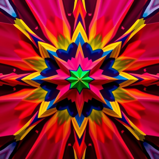 Create a high-resolution image of an abstract geometric pattern with vibrant colors in a symmetrical design, captured at f/8 aperture, ISO 100, shutter speed 1/125s, using a DSLR camera from a top-down view with soft lighting for even distribution.