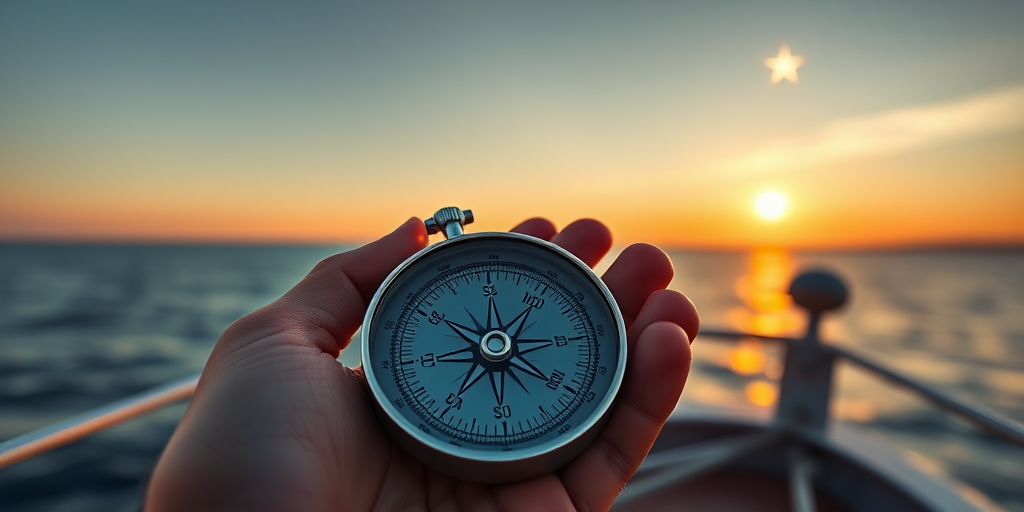 Create a detailed nautical navigation scene featuring a hand holding a compass with an ocean horizon in the background and a bright star above, using a DSLR camera with a 50mm lens, aperture set to f/2.8, shutter speed of 1/200s, ISO 100, captured in natural light from the golden hour to enhance colors and clarity.