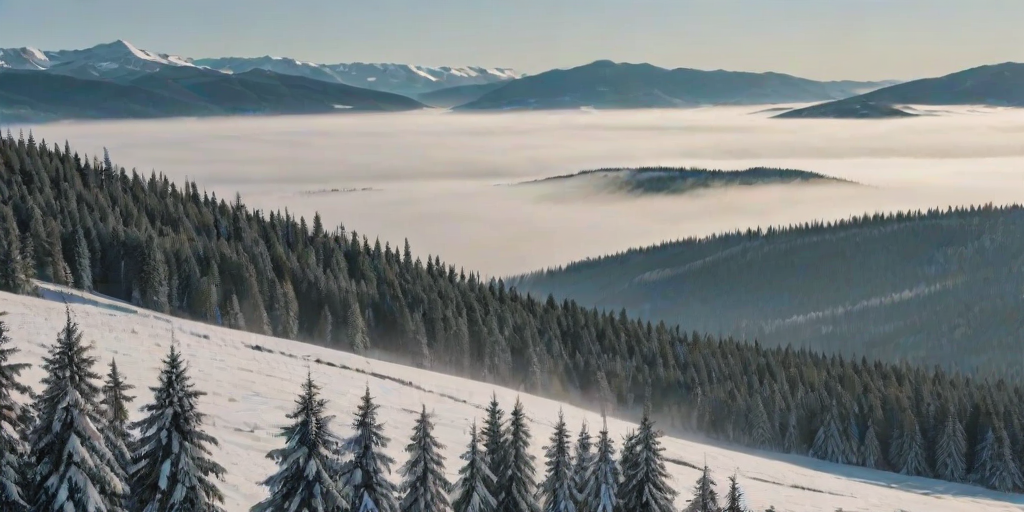 a serene winter landscape with snowy hills, mist gently rising, distant mountains in the background, and a dense forest of evergreen trees in the foreground