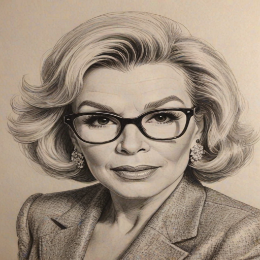 Dazzling Joan Rivers, pencil sketch, portrait of Resplendent woman 1945s in glasses, hair style beatnik, outline, clear lines, fine lines, 8k