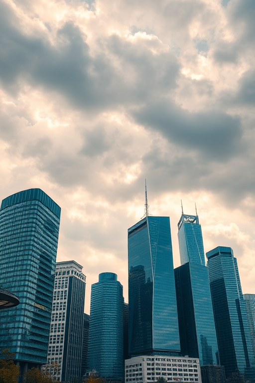 Capture a modern city skyline with skyscrapers under a dramatic cloudy sky, using a wide-angle lens, aperture f/8 for depth of field, shutter speed 1/125 sec, ISO 200, taken with a digital DSLR camera at eye level.