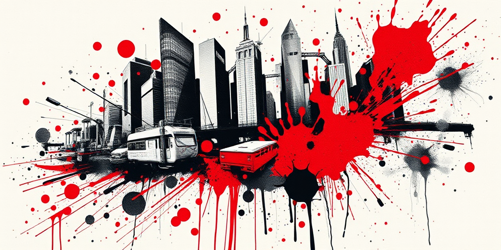 Trash polka tattoo titled "Urban Chaos" combining realistic black and grey elements with bold splashes of red ink, creating a dynamic and edgy design that blends order and disorder in a unique artistic style