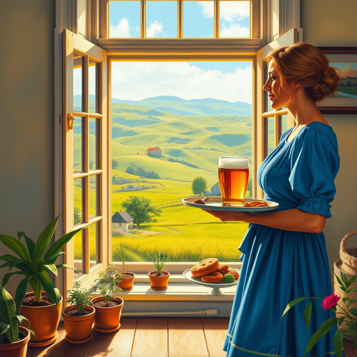 In "A Glass of Beer on the Highland," a serene scene is depicted in a sunlit room where a woman in a vibrant blue dress stands by a large window. She holds a tray with a hearty meal and a frothy glass of beer, embodying a moment of relaxation. Outside, the breathtaking highland landscape features rolling green hills and a charming traditional house, all bathed in warm afternoon light. The interior is adorned with potted plants, creating a harmonious blend of comfort and nature. The painting beautifully captures the tranquility and joy found in simple pleasures amidst stunning scenery