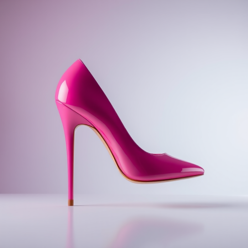 Create a high-resolution image of a glossy pink stiletto shoe against a softly blurred gradient background, using a DSLR camera with a 50mm lens, aperture f/1.8, ISO 100, and a shallow depth of field to enhance image quality and focus on the shoe.
