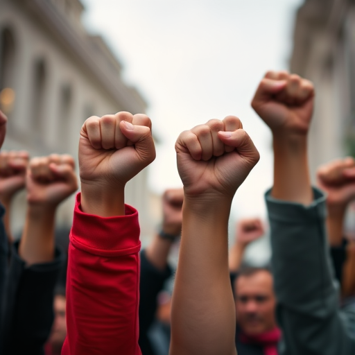 Create an image of raised fists, some in red and some in black, symbolizing solidarity and resistance, captured with a DSLR camera at f/2.8 aperture, ISO 100, 50mm lens, shot from a low angle with a shallow depth of field to emphasize the fists and blur the background.