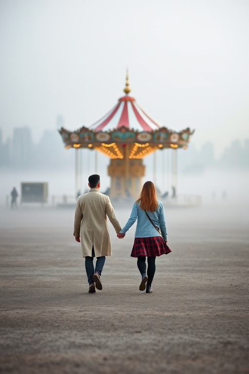 a couple walking hand in hand towards a distant carousel on a flat, foggy landscape with a city skyline in the background, photographed with a Canon EOS R5, 50mm lens, f/1.8, ISO 100, using a soft focus effect to enhance the dreamlike quality, shot from a low angle to emphasize the perspective