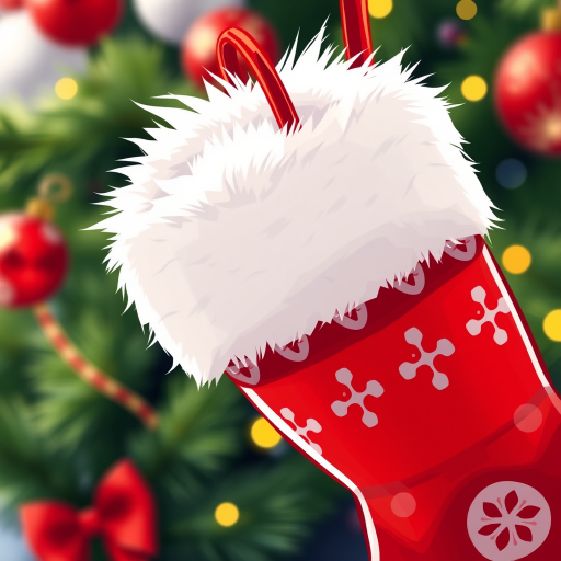 Create a vibrant cartoon-style image of a red Christmas stocking with a fluffy white top, high-resolution, close-up view, f/2.8 aperture, ISO 100, 50mm lens, soft lighting, stylized illustration.