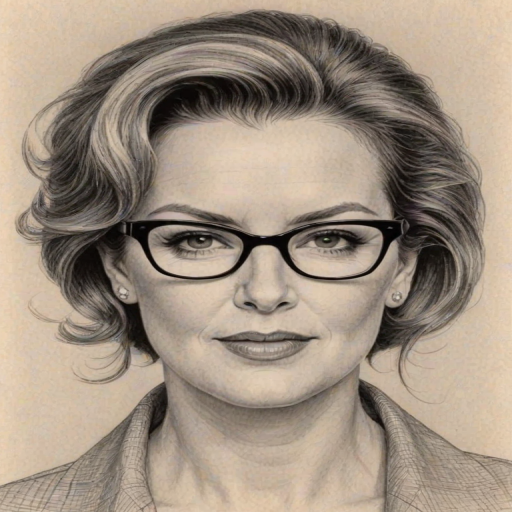 Pleasing Elizabeth Perkins, pencil sketch, portrait of Alluring woman 1963s in glasses, hair style beatnik, outline, clear lines, fine lines, 8k