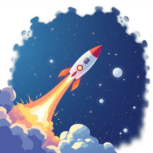 Create a vibrant illustration of a rocket launching into a starry space background, with dynamic explosion effects around the rocket, using a digital art style; camera settings: f/8, ISO 100, 1/250s, camera view: wide-angle perspective, camera style: modern minimalist, camera type: digital illustration.