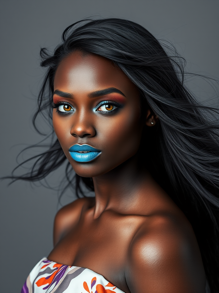 Photographic image of a beautiful young Afro-Caribbean woman, Yellow eyes, lips with cyan lipstick, long hair fluttering in the wind and wearing a silk strapless dress with a soft purple and orange print. monochrome image with only color highlights in the iris of the eyes, lipstick and dress. Gray background.