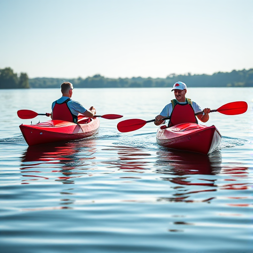 kayaking scene with two men in red kayaks on a calm lake, bright sunlight, high-resolution, 50mm lens, f/2.8 aperture, ISO 100, shutter speed 1/500s, shallow depth of field, vibrant colors, captured with a DSLR camera, landscape orientation