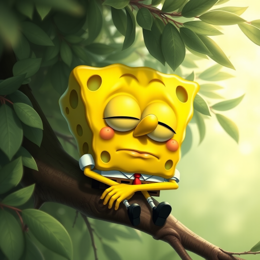 Super realistic caricature of a (SpongeBob)  with Enormous Head and tiny body. Large eyes and an oversized head dominate its body. Drowsy, slouched on a eucalyptus branch, half-closed eyes, lazy posture, peaceful expression, soft light filtering through leaves, pale green tones, subtle shadow effects , serene ambiance.