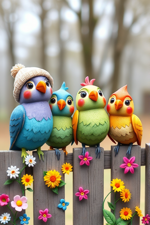 create a scene of 4 quirky  whimsical colourful comical birds each with a funny expression. they are sat on a wooden fence with colourful flowers. they are all different sizes. each one is a different colour  one is wearing a woolly hat. Each one has a different quirky google expression and there is a muted background of trees watercolour paintierly style high definition 8k resolution 3D paper mache