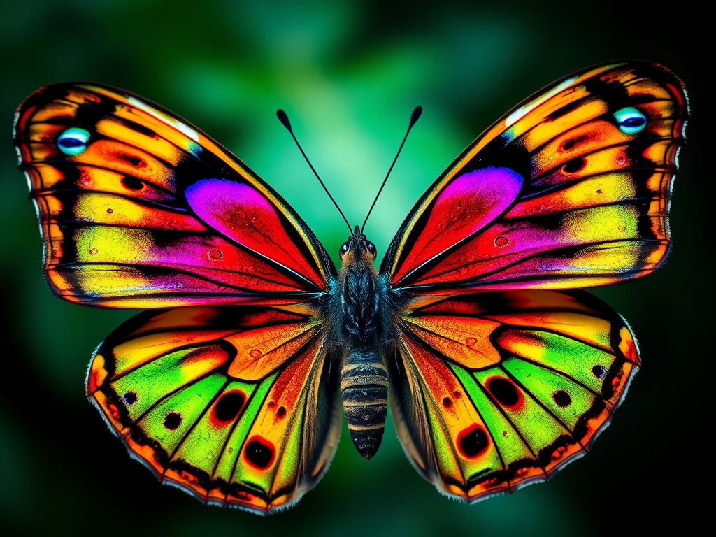 Create a vibrant, high-resolution image of a butterfly with kaleidoscopic colors in a symmetrical pattern, using a macro lens at f/2.8, 1/250 sec shutter speed, ISO 100, shot from a slightly above angle to capture intricate wing details, utilizing a DSLR camera for enhanced quality.