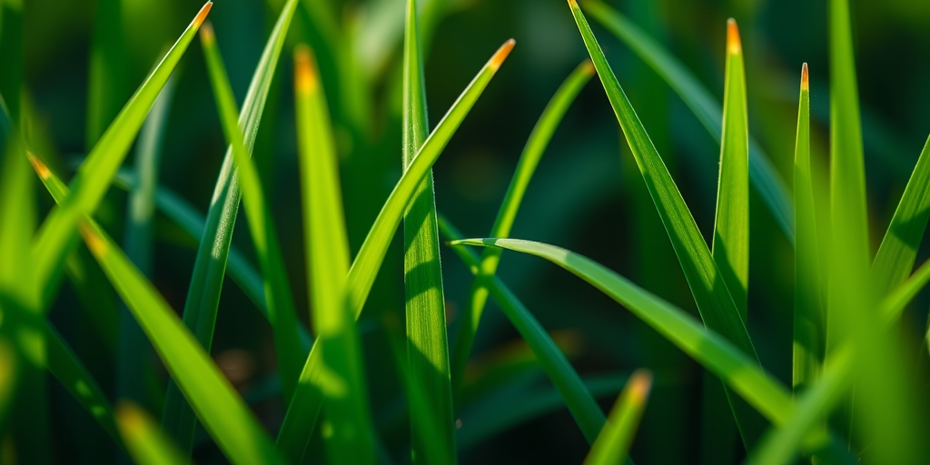 Generate a vibrant image of green grass blades with a macro camera view, f/2.8 aperture, ISO 100, shutter speed 1/200s, using a DSLR camera to enhance image quality and detail.