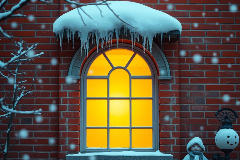 Create a winter scene featuring a cozy arched window with warm yellow light glowing from within, set against a red brick wall, icicles hanging from the roof, snow gently falling, captured using a DSLR camera with a 50mm lens, f/2.8 aperture, ISO 100, in a slight bokeh effect to enhance the focus on the window.