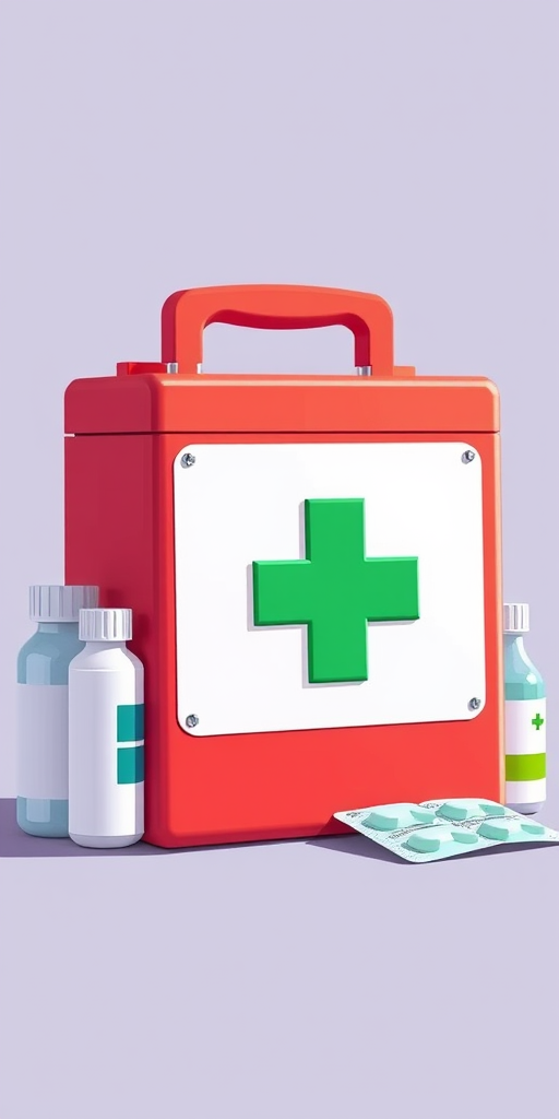 Create a vibrant illustration of a first aid box prominently featuring a green cross symbol with adjacent medicine bottles and blister packs in a clean, professional style, using a Canon EOS R camera with a 50mm lens, f/2.8 aperture, ISO 100, and natural lighting for sharp focus.